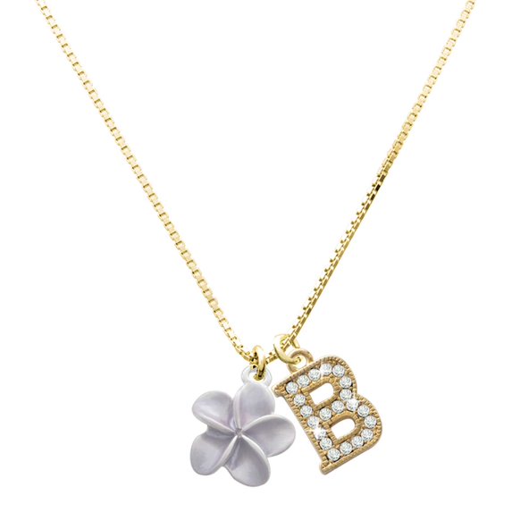 Delight Jewelry Silver-tone Purple Plumeria Flower - Large Goldtone Crystal Initial - B - Charm Necklace, 17.5"+2"