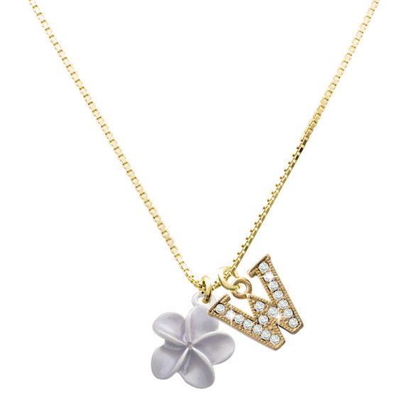 Delight Jewelry Silver-tone Purple Plumeria Flower - Large Goldtone Crystal Initial - W - Charm Necklace, 17.5"+2"