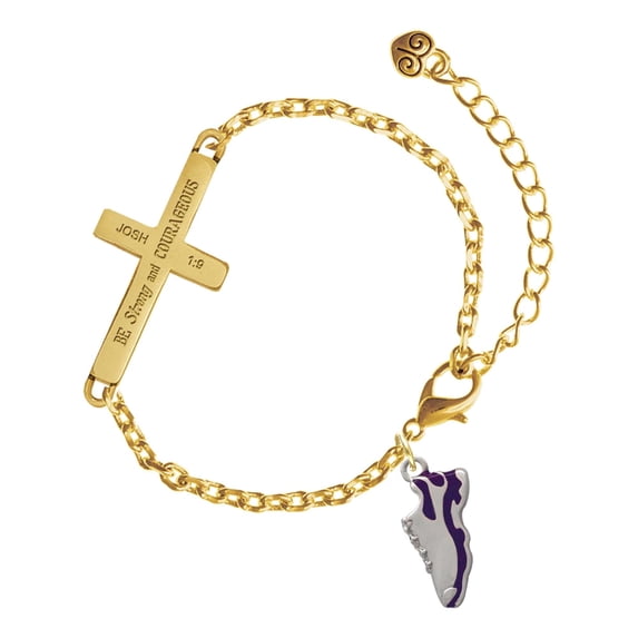 Delight Jewelry Silver-tone Purple Running Shoe - Gold Tone Joshua 1:9 Strong and Courageous Engraved Cross Charm Bracelet, 6.5+1.5" Extender