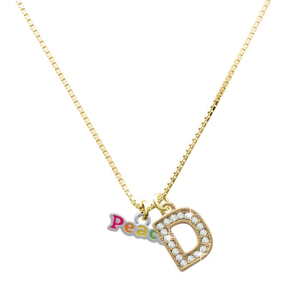 Delight Jewelry Silver-tone Rainbow Colored ''Peace'' - Large Goldtone Crystal Initial - D - Charm Necklace, 17.5"+2"