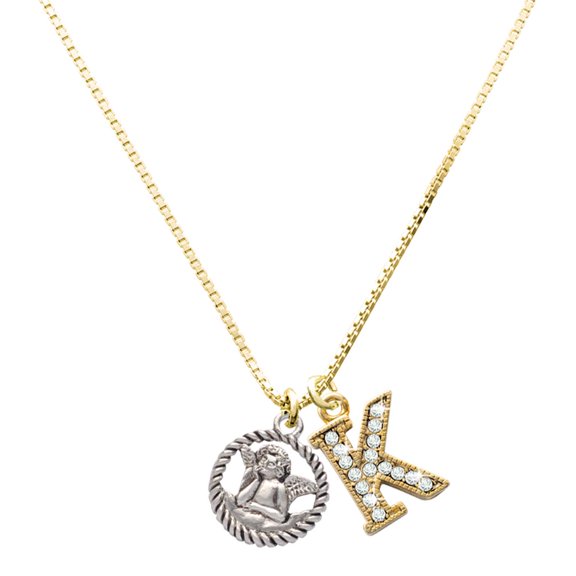 Delight Jewelry Silver-tone Raphael Angel in Rope Wreath - Large Goldtone Crystal Initial - K - Charm Necklace, 17.5"+2"