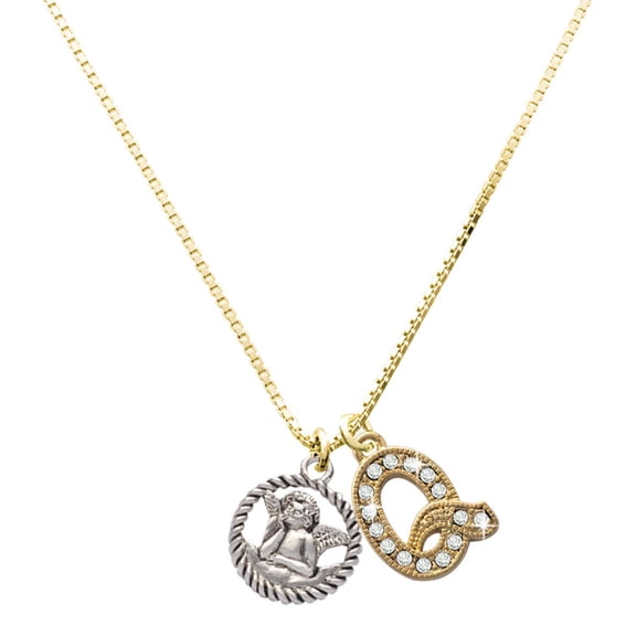 Delight Jewelry Silver-tone Raphael Angel in Rope Wreath - Large Goldtone Crystal Initial - Q - Charm Necklace, 17.5"+2"