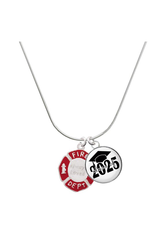 Silver-tone Red Always Loved Fire Department Shield - Script Class of 2025 Dome Charm Necklace, 18"