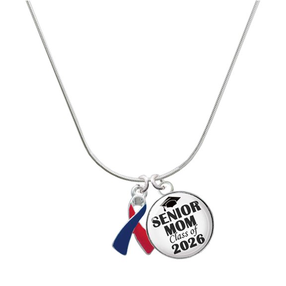 Delight Jewelry Silver-tone Red & Blue Awareness Ribbon - Silvertone Senior Mom Class of 2026 Dome Necklace, 18"