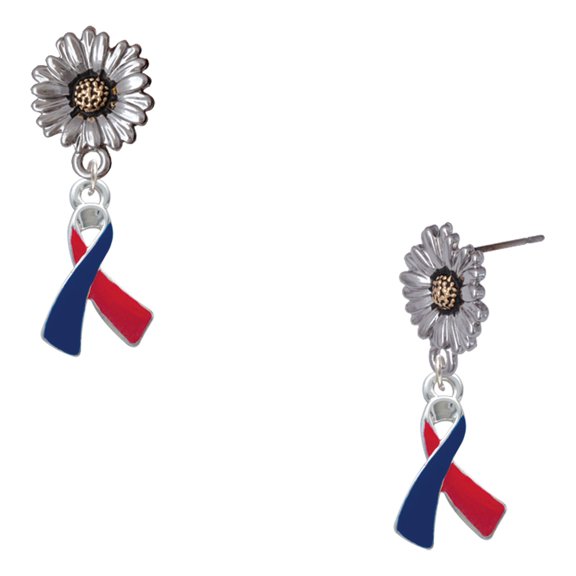 Delight Jewelry Silver-tone Red & Blue Awareness Ribbon - Two-tone Daisy Flower Post Earrings