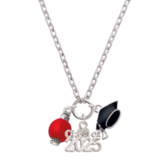 Delight Jewelry Silver-tone Red Chinese Lantern with Clear Crystal - Silver-tone Class of 2025 Graduation Zoey Necklace, 28"