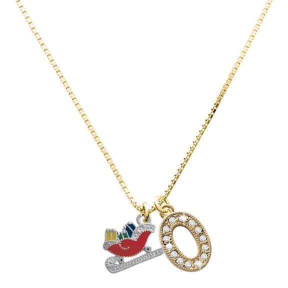 Delight Jewelry Large Goldtone Crystal Initial Necklace, featuring Silver Tone Red Christmas Sleigh Charm, 17.5"+2", O