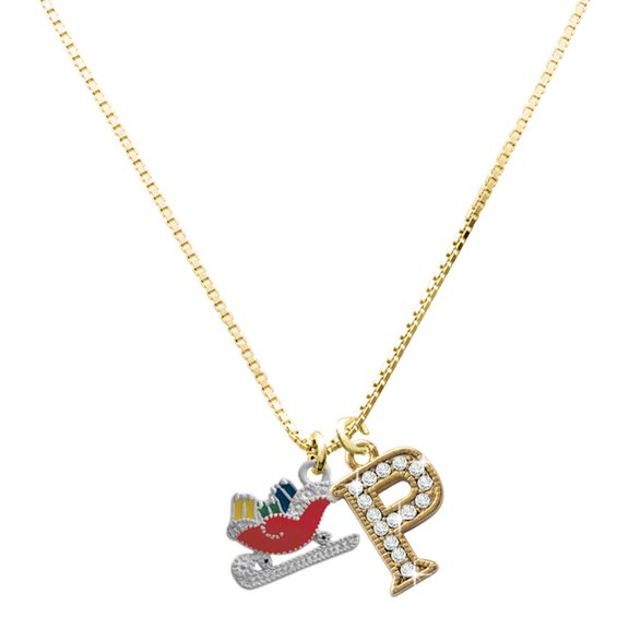 Delight Jewelry Silver-tone Red Christmas Sleigh - Large Goldtone Crystal Initial - P - Charm Necklace, 17.5"+2"