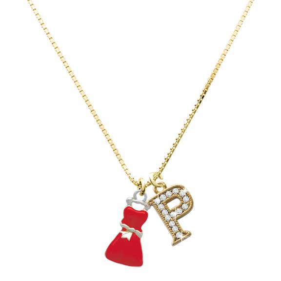 Delight Jewelry Silver-tone Red Dress - Large Goldtone Crystal Initial - P - Charm Necklace, 17.5"+2"