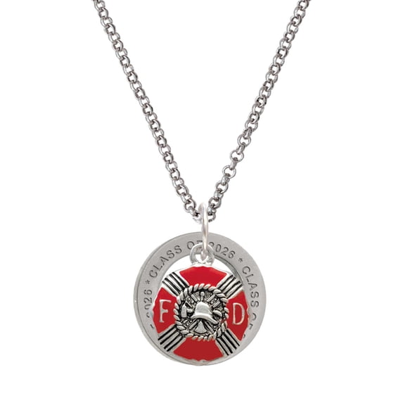 Delight Jewelry Silver-tone Red Enamel Fire Department Medallion - Class of 2026 Affirmation Ring Necklace, 23"