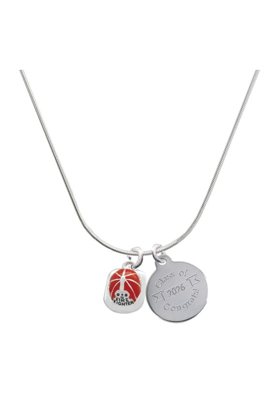 Silver-tone Red Enamel Firefighter Helmet - Engraved Congrats Class of 2026 Charm Necklace, 18"