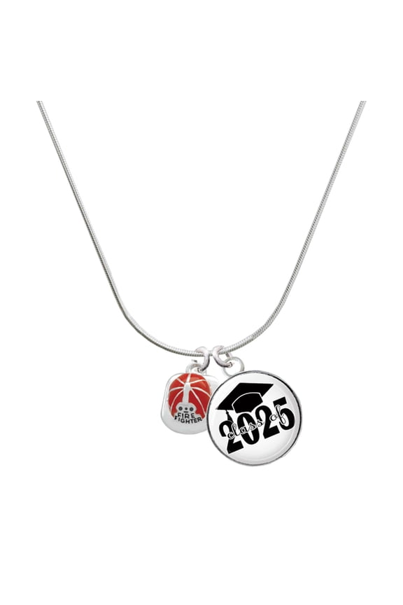 Silver-tone Red Enamel Firefighter Helmet - Script Class of 2025 Dome Charm Necklace, 18"