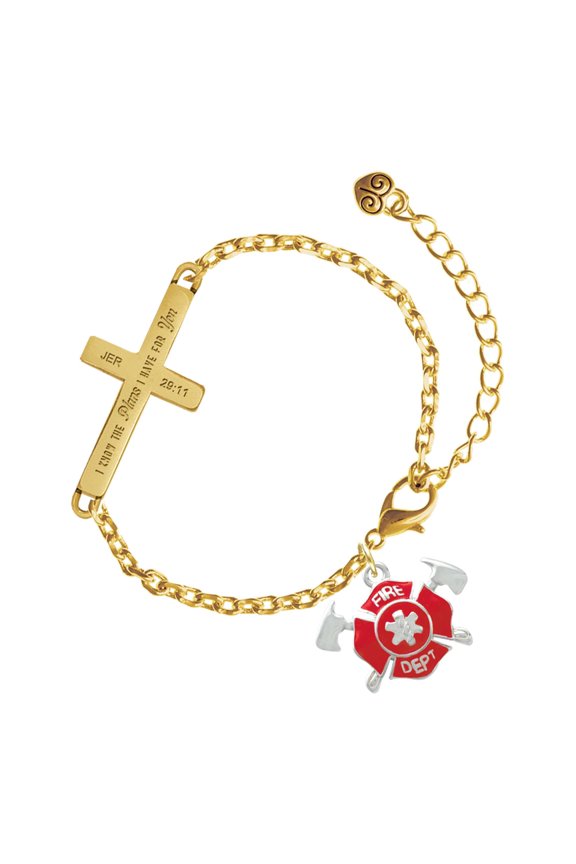 Silver-tone Red Fire Department Shield with Axes - Gold Tone Jeremiah 29:11 I Have Plans for You Engraved Cross Charm Bracelet, 6.5+1.5" Extender