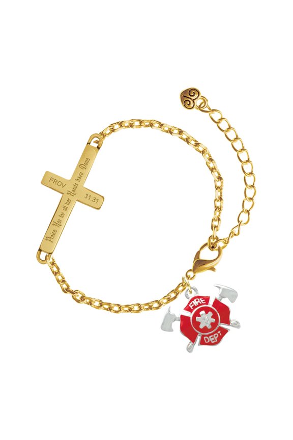 Silver-tone Red Fire Department Shield with Axes - Gold Tone Proverbs 31:31 Praise Her for all Her Hands have Done Engraved Cross Charm Bracelet, 6.5+1.5" Extender