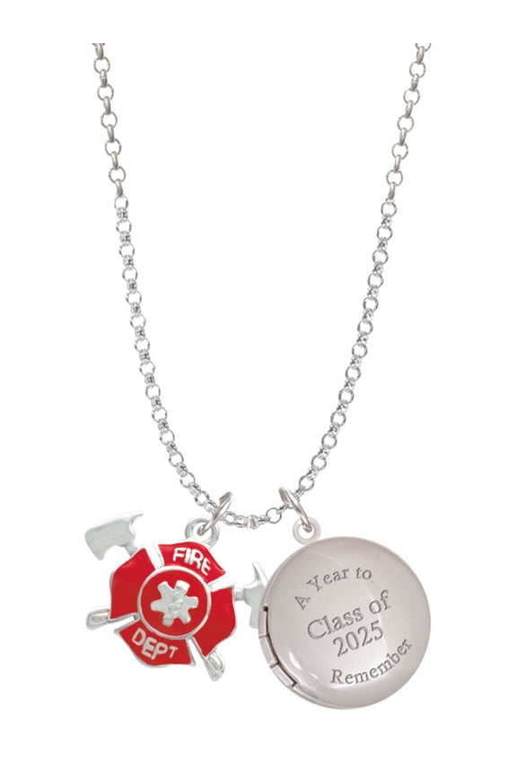 Silver-tone Red Fire Department Shield with Axes - Class of 2025 Year to Remember Locket Charm Necklace, 19+2" Extender
