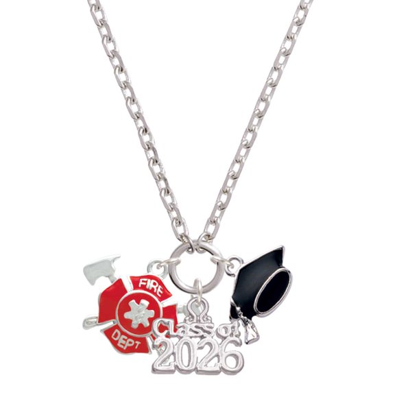 Delight Jewelry Silver-tone Red Fire Department Shield with Axes - Class of 2026 Graduation Zoey Charm Necklace, 28"
