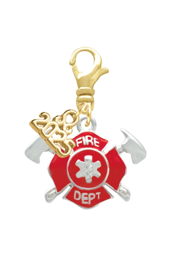 Silver-tone Red Fire Department Shield with Axes - Gold-tone Clip on Charm with Mini Year 2025