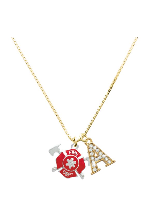 Silver-tone Red Fire Department Shield with Axes - Large Goldtone Crystal Initial - A - Charm Necklace, 17.5"+2"