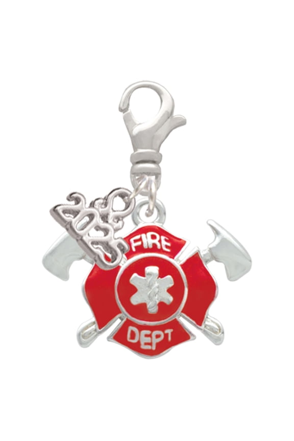 Silver-tone Red Fire Department Shield with Axes - Silver-tone Clip on Charm with Mini Year 2025
