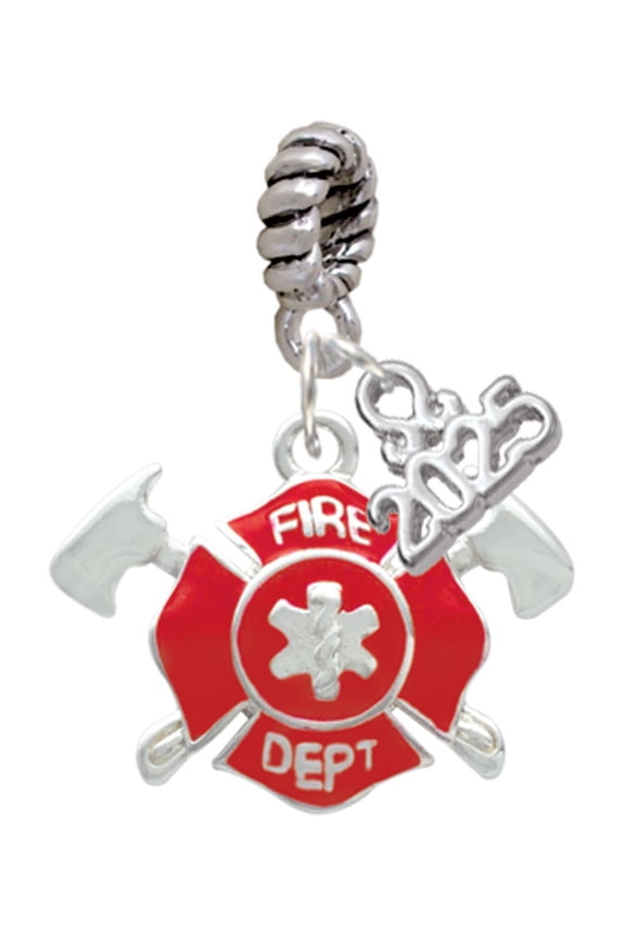 Silver-tone Red Fire Department Shield with Axes - Silver-tone Rope Charm Bead Dangle with Mini 2025