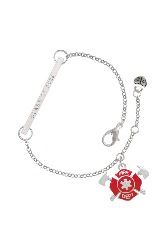 Silver-tone Red Fire Department Shield with Axes - Silvertone Class of 2026 Delicate Bar Bracelet, 8.5"