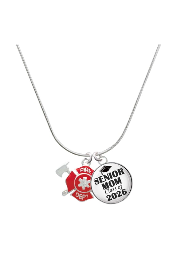 Silver-tone Red Fire Department Shield with Axes - Silvertone Senior Mom Class of 2026 Dome Necklace, 18"