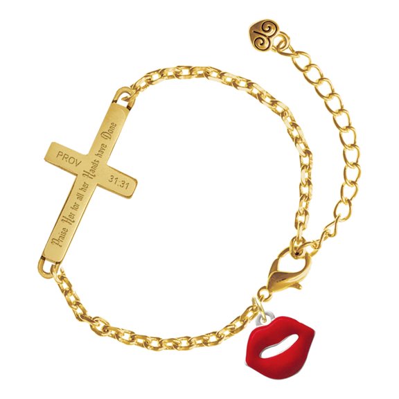 Delight Jewelry Silver-tone Red Lips - Gold Tone Proverbs 31:31 Praise Her for all Her Hands have Done Engraved Cross Charm Bracelet, 6.5+1.5" Extender