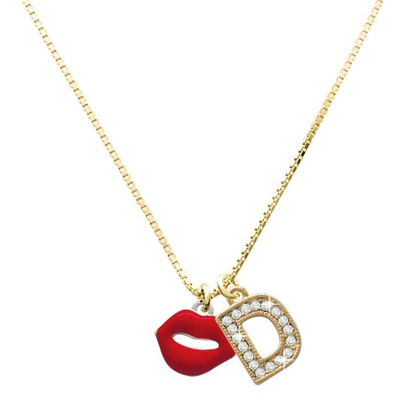 Delight Jewelry Silver-tone Red Lips with a Large Goldtone Crystal Initial - D - Charm Necklace, 17.5"+2"