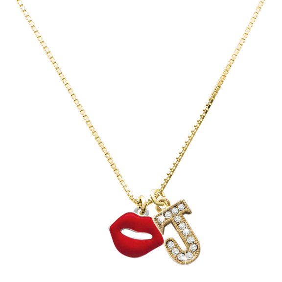 Delight Jewelry Silver-tone Red Lips Charm and Goldtone Crystal Initial J Charm Necklace, 17.5"+2"