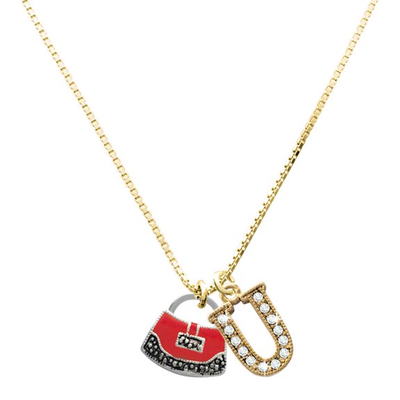 Delight Jewelry Silver-tone Red Purse - Large Goldtone Crystal Initial - U - Charm Necklace, 17.5"+2"