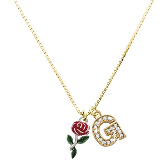 Delight Jewelry Silver-tone Red Rose Flower and a Large Goldtone Crystal Initial G Charm Necklace, 17.5"+2"