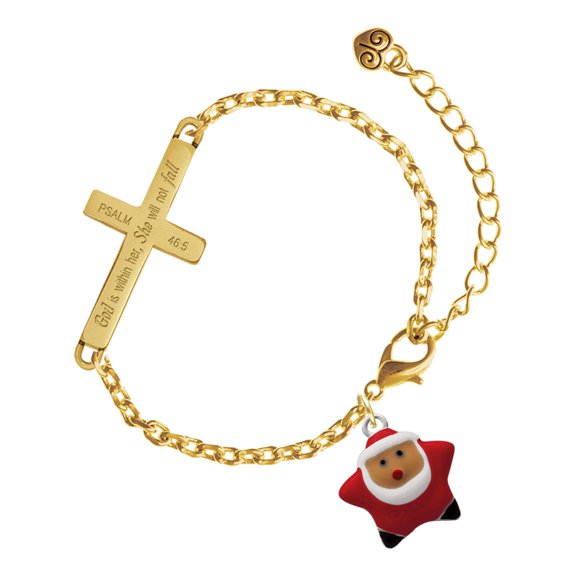 Delight Jewelry Silver-tone Red Star Santa - Gold Tone Psalm 46:5 She will not fall Engraved Cross Charm Bracelet, 6.5+1.5" Extender