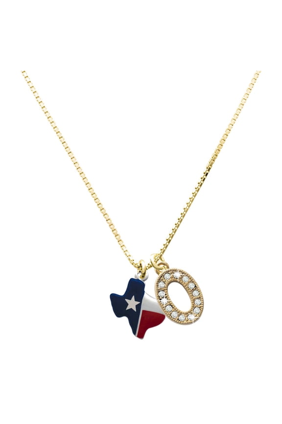 Large Goldtone Crystal Initial Necklace, featuring Silver Tone Red and Blue Texas Charm, 17.5"+2", O