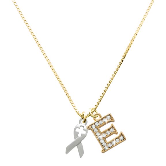 Delight Jewelry Silver-tone Ribbon with Cross Cutout - Large Goldtone Crystal Initial - E - Charm Necklace, 17.5"+2"