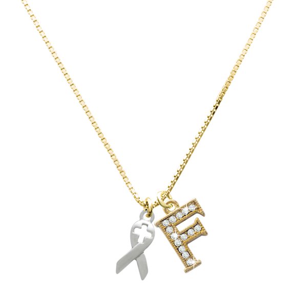 Delight Jewelry Silver-tone Ribbon with Cross Cutout Charm and Goldtone Crystal Initial F Charm Necklace, 17.5"+2"