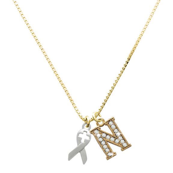 Delight Jewelry Silver-tone Ribbon with Cross Cutout - Large Goldtone Crystal Initial - N - Charm Necklace, 17.5"+2"