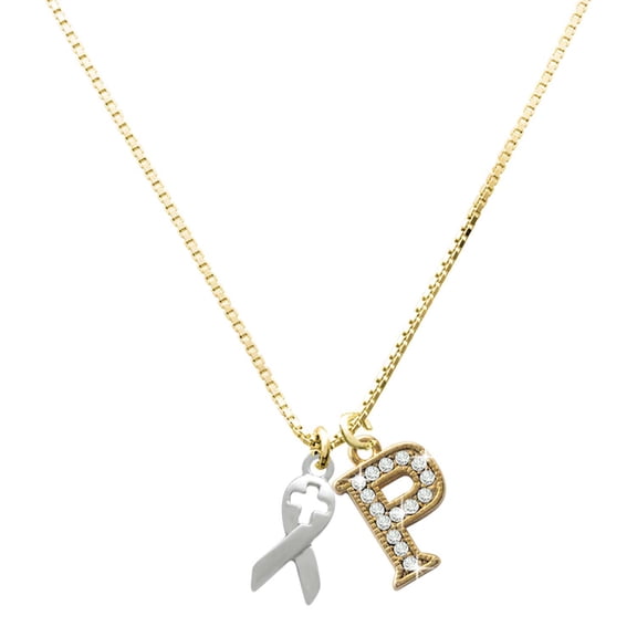 Delight Jewelry Silver-tone Ribbon with Cross Cutout - Large Goldtone Crystal Initial - P - Charm Necklace, 17.5"+2"