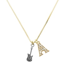 Delight Jewelry Silver-tone Rock Star Guitar - Large Goldtone Crystal Initial - A - Charm Necklace, 17.5" 2"
