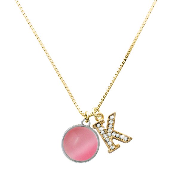 Delight Jewelry Silver-tone Round Imitation Cat's Eye Pink Charm and Goldtone Crystal Initial K Charm Necklace, 17.5"+2"