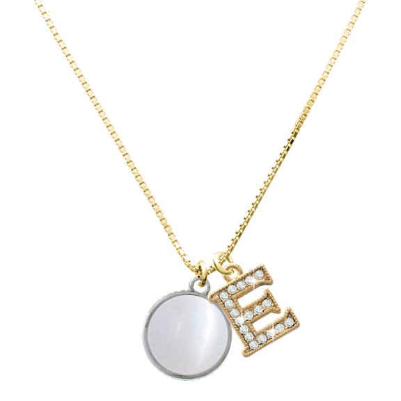 Delight Jewelry Silver-tone Round - Imitation Cat's Eye - White - Large Goldtone Crystal Initial - E - Charm Necklace, 17.5"+2"