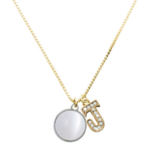 Delight Jewelry Silver-tone Round - Imitation Cat's Eye - White - Large Goldtone Crystal Initial - J - Charm Necklace, 17.5"+2"