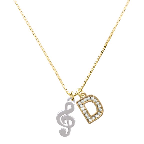 Delight Jewelry Silver-tone Rounded Clef with a Large Goldtone Crystal Initial - D - Charm Necklace, 17.5"+2"