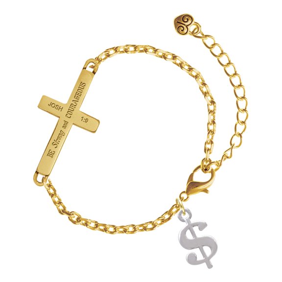 Delight Jewelry Silver-tone Rounded Dollar Sign - Gold Tone Joshua 1:9 Strong and Courageous Engraved Cross Charm Bracelet, 6.5+1.5" Extender
