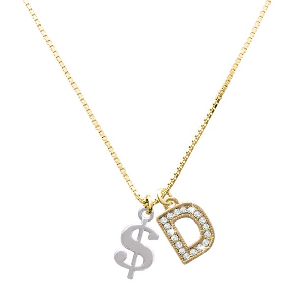 Delight Jewelry Silver-tone Rounded Dollar Sign with a Large Goldtone Crystal Initial - D - Charm Necklace, 17.5"+2"