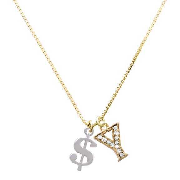 Delight Jewelry Silver-tone Rounded Dollar Sign - Large Goldtone Crystal Initial - Y - Charm Necklace, 17.5"+2"
