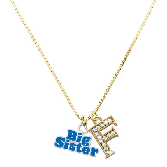 Delight Jewelry Silver-tone Royal Blue ''Big Sister'' with Heart - Large Goldtone Crystal Initial - F - Charm Necklace, 17.5"+2"