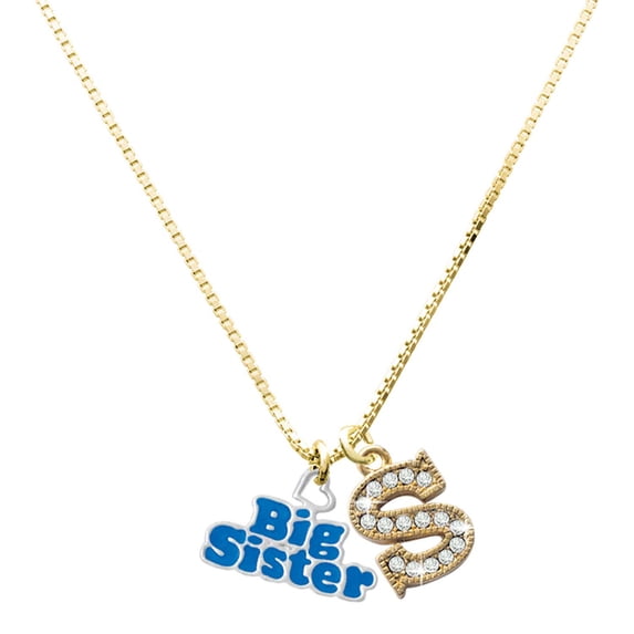 Delight Jewelry Silver-tone Royal Blue ''Big Sister'' with Heart - Large Goldtone Crystal Initial - S - Charm Necklace, 17.5"+2"