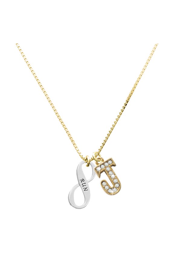Silver-tone Run Infinity Sign - Large Goldtone Crystal Initial - J - Charm Necklace, 17.5"+2"
