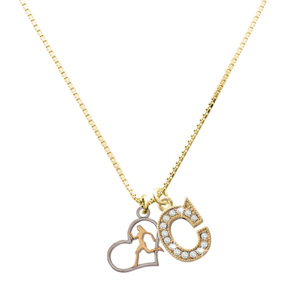 Delight Jewelry Silver-tone Runner Silhouette in Heart with a Large Goldtone Crystal Initial - C - Charm Necklace, 17.5"+2"