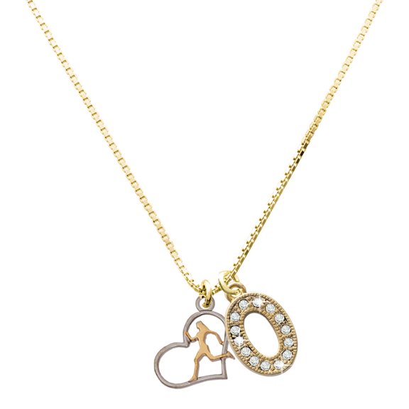 Delight Jewelry Silver-tone Runner Silhouette in Heart - Large Goldtone Crystal Initial - O - Charm Necklace, 17.5"+2"
